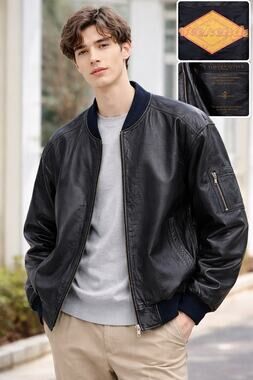 Vintage Black Leather Bomber Jacket Ribbed Trim Zip Up 90s Classic